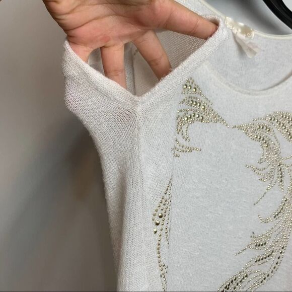 Mandee Solid White & Gold High Low Short Sleeve Blouse Beaded Round Neck size M - Picture 6 of 8